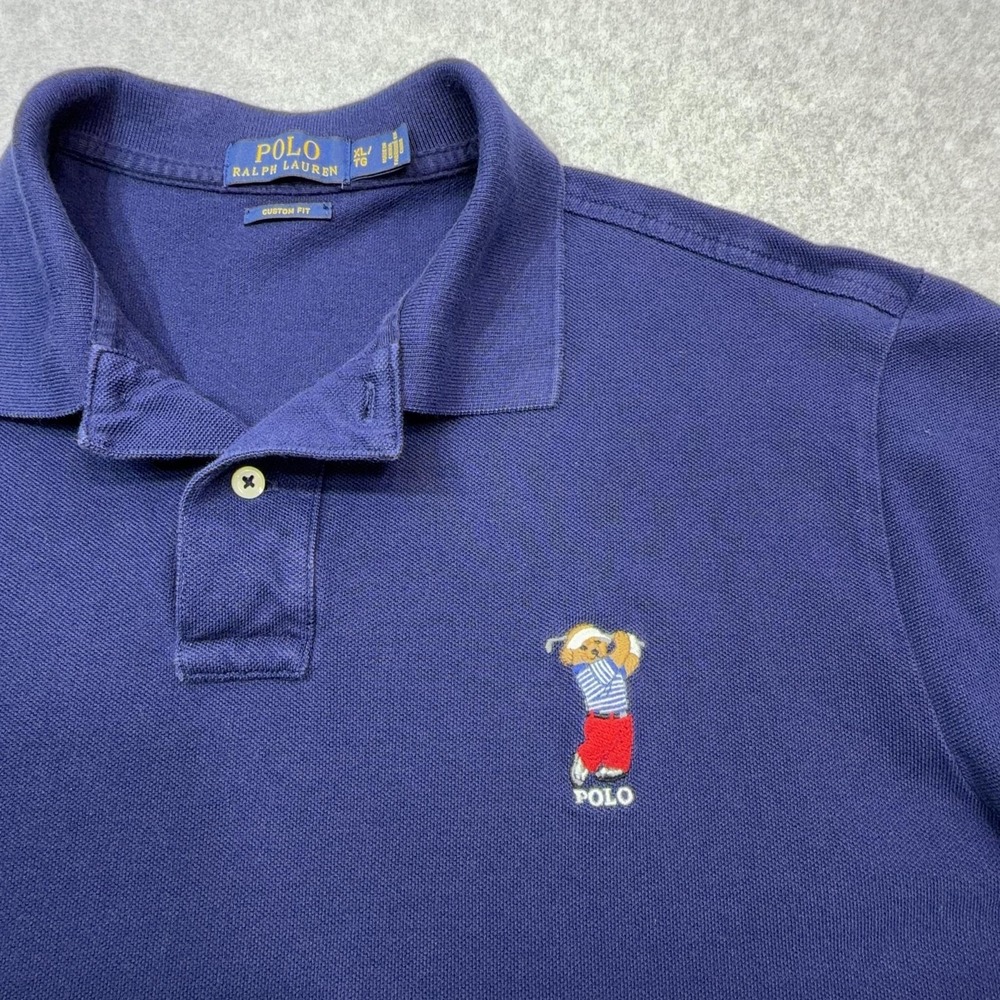 Ralph Lauren Polo Shirt Mens XL Blue Golf Polo Bear Custom Fit Cotton Pique